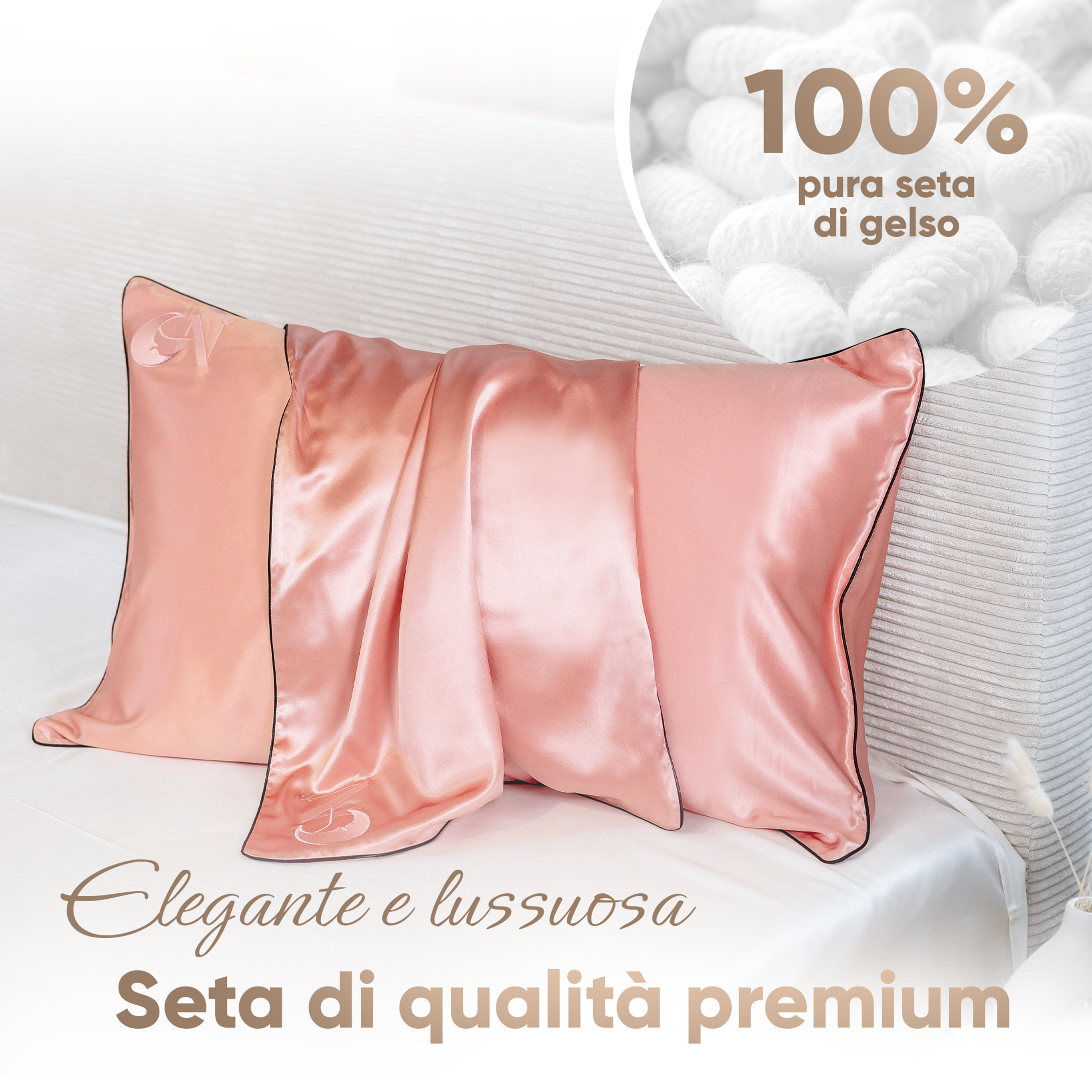Federa in seta di gelso 22 Momme 50x80 cm color rosa antico bordo cordonato nero