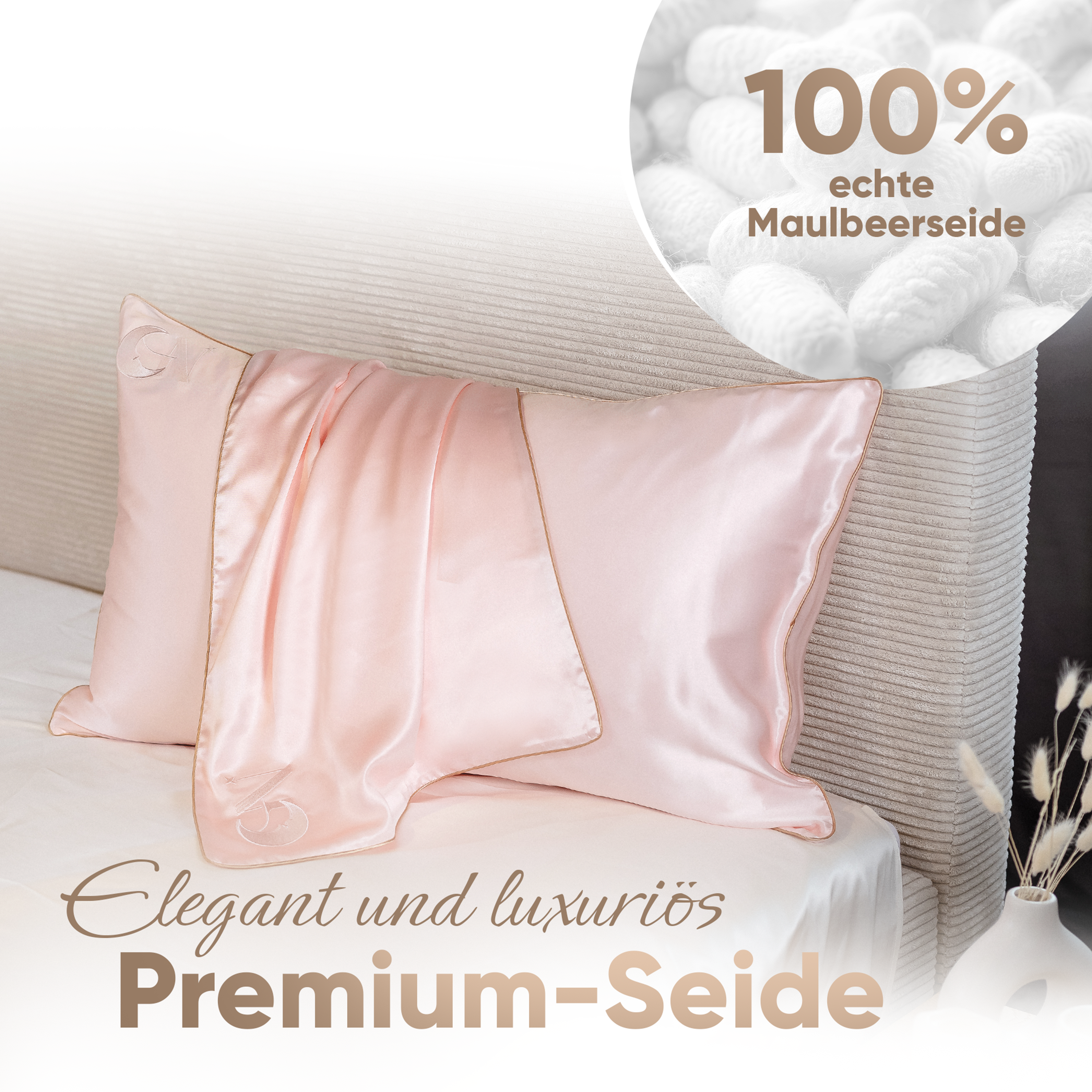 Seidenkissenbezug 40x80 in Rosa aus 100 % Maulbeerseide, 22 Momme, mit paspeliertem Rand in Beige