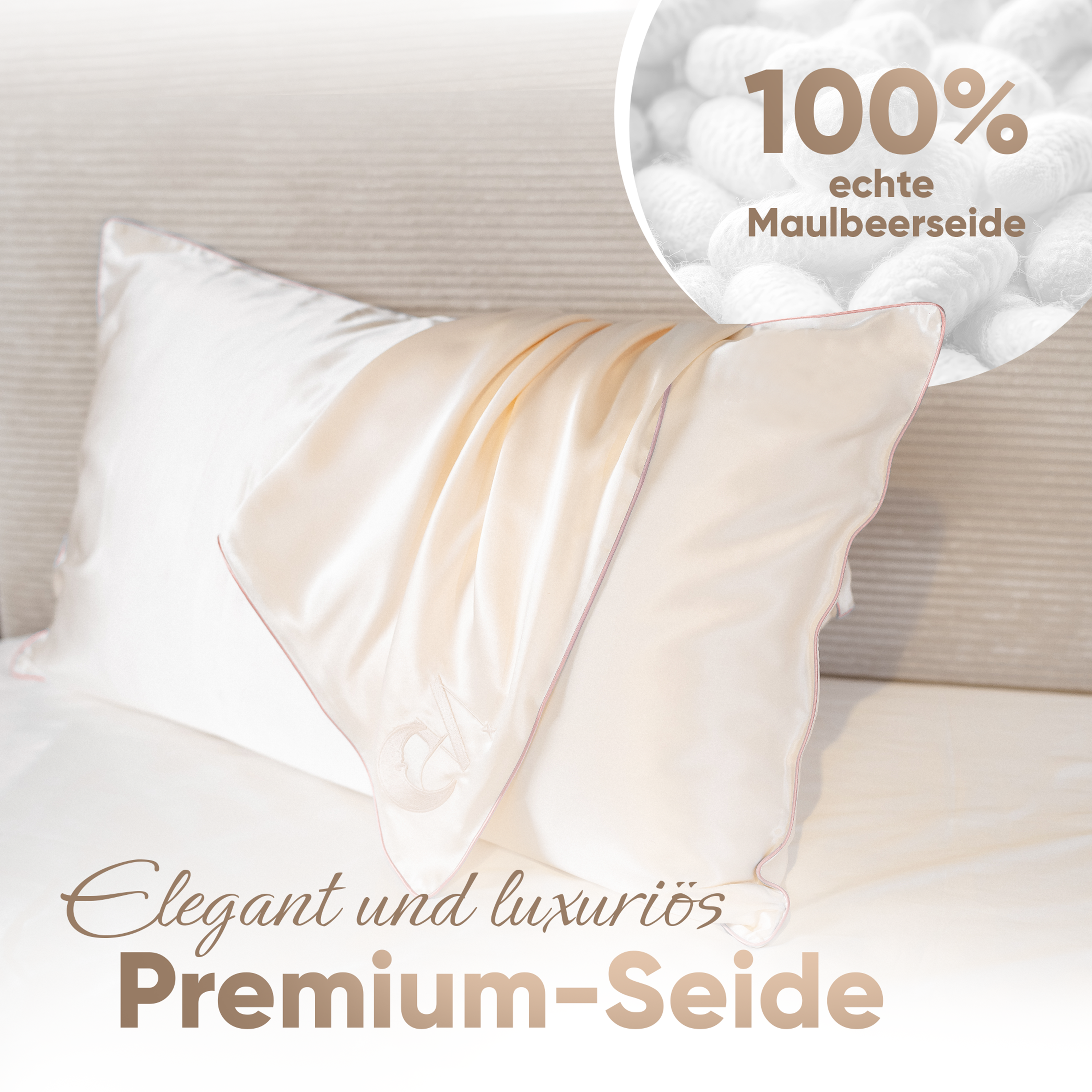 Seidenkissenbezug 40x80 in Light Champagne aus 100 % Maulbeerseide, 22 Momme, mit paspeliertem Rand in Rosa
