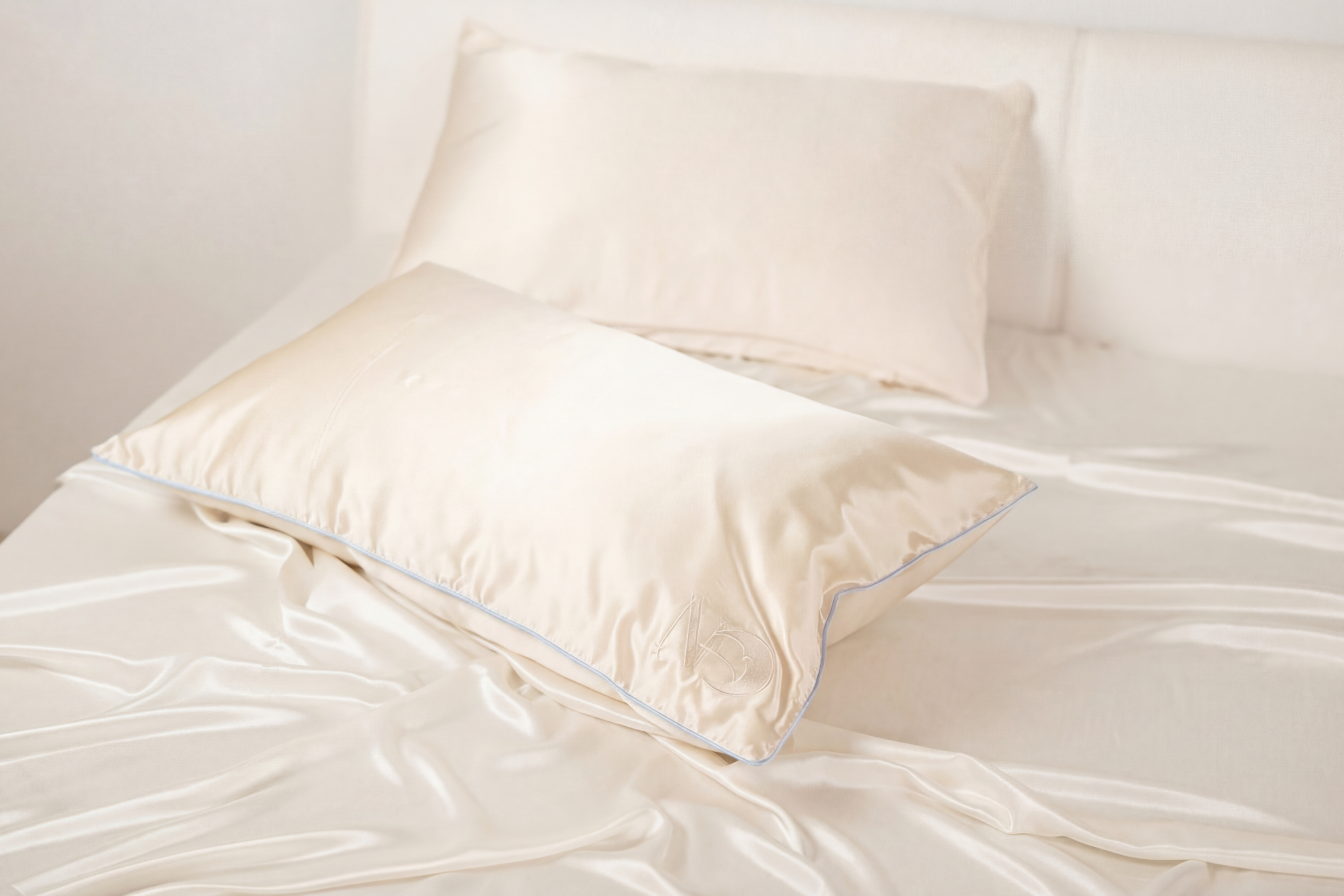 Seidenkissenbezug Light Champagne mit paspeliertem Rand in Himmelblau | 40x80 cm (1 Stk.)