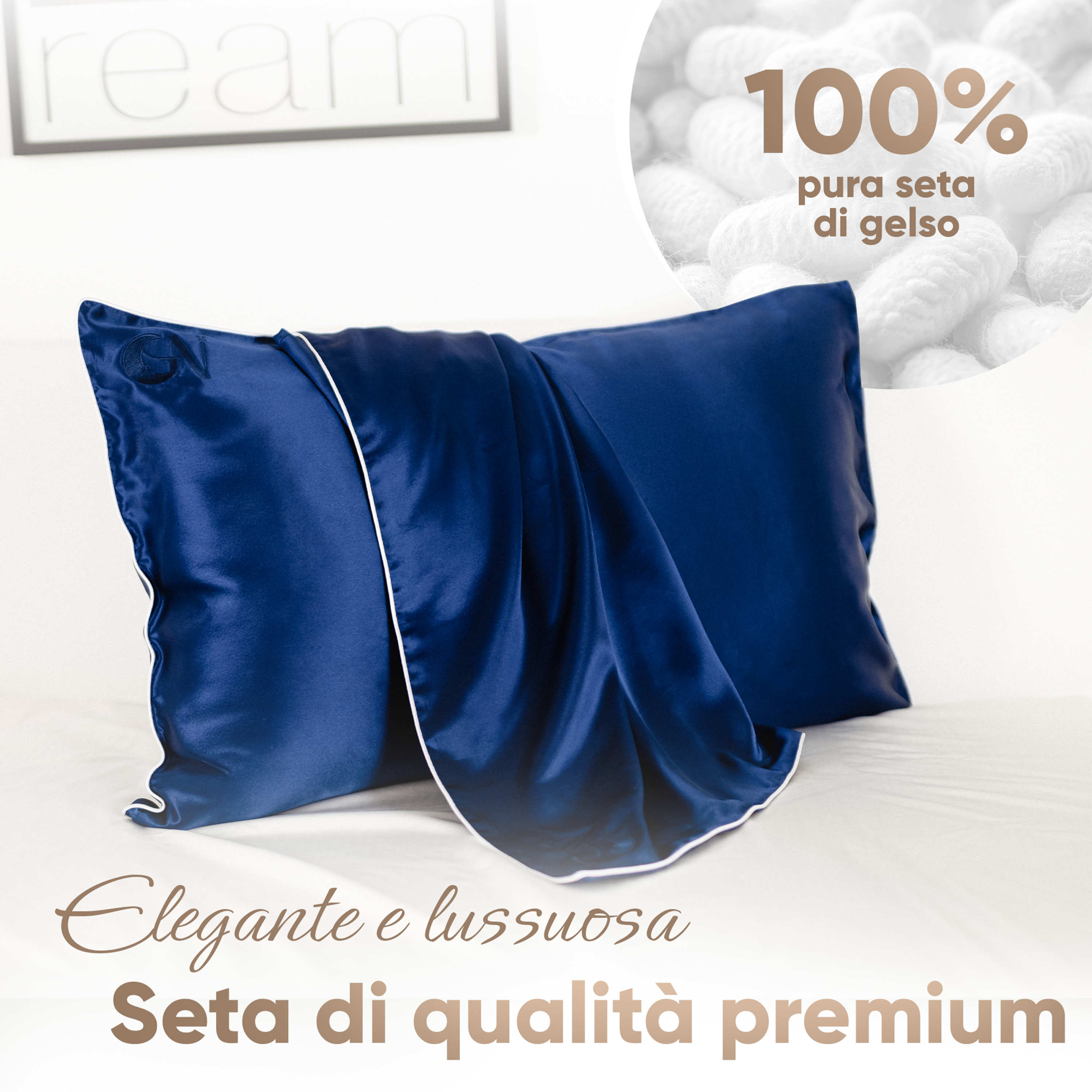 Federa in seta 50 × 80 in 100% seta di gelso (22 Momme)  color blu notte con elegante bordino cordonato argento.