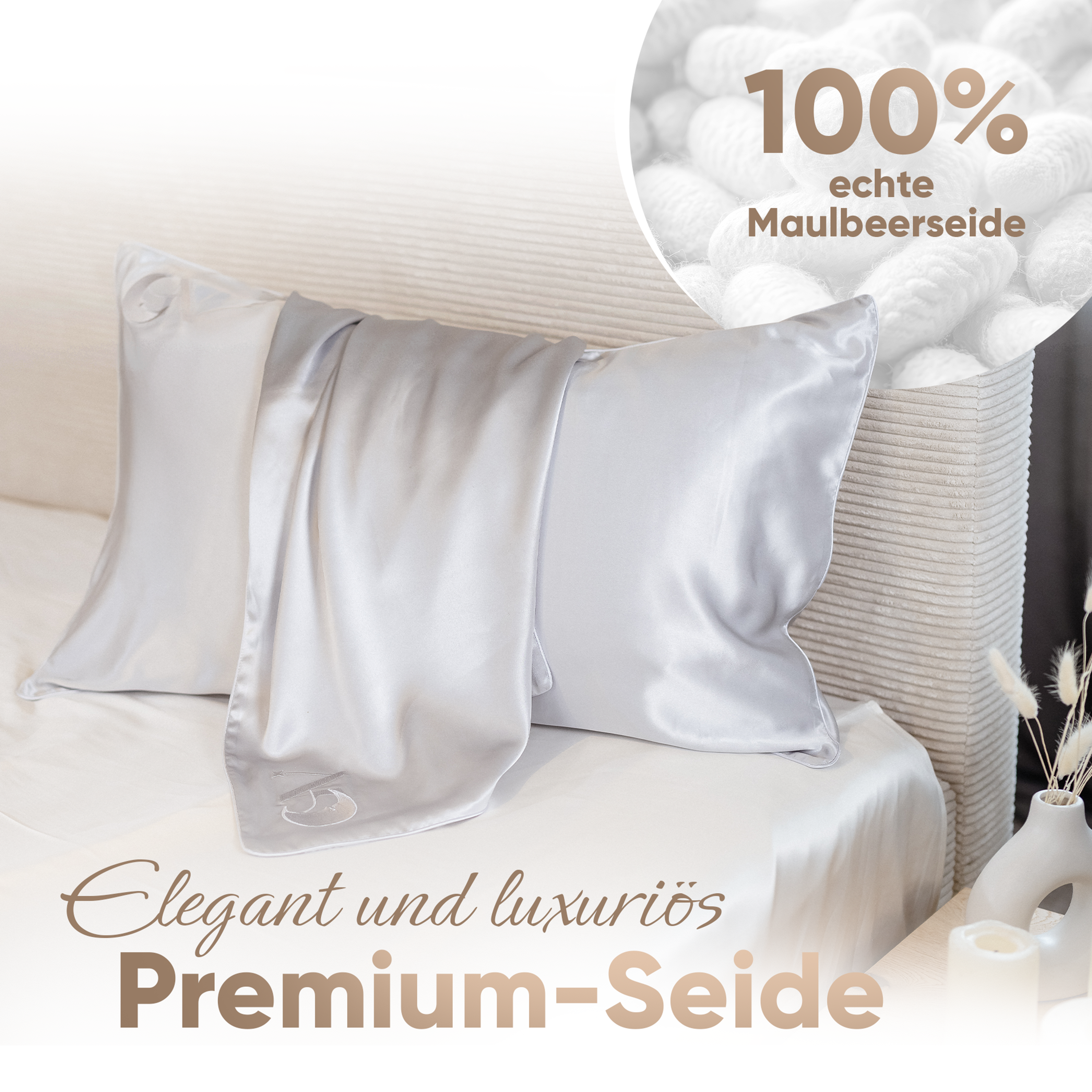 Seidenkissenbezug 40x80 in Silber aus 100 % Maulbeerseide, 22 Momme,  mit paspeliertem Rand in Silber