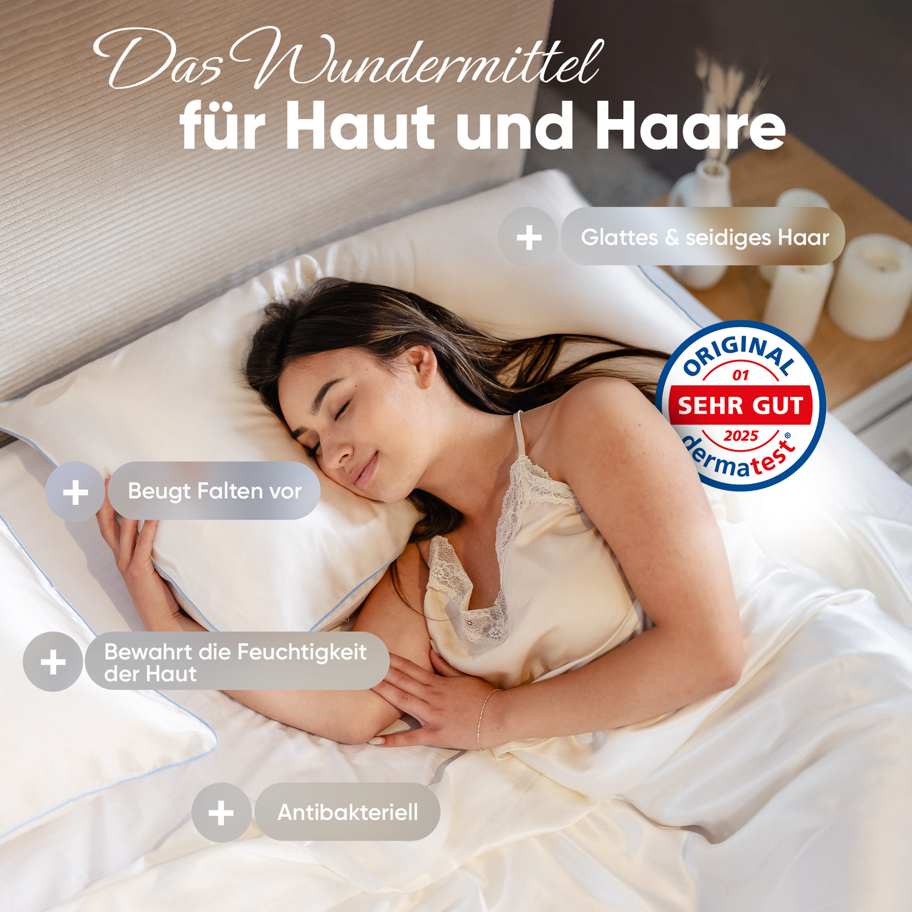 Seidenkissenbezug 40x80 in Light Champagne aus 100 % Maulbeerseide, 22 Momme,  mit paspeliertem Rand in Himmelblau