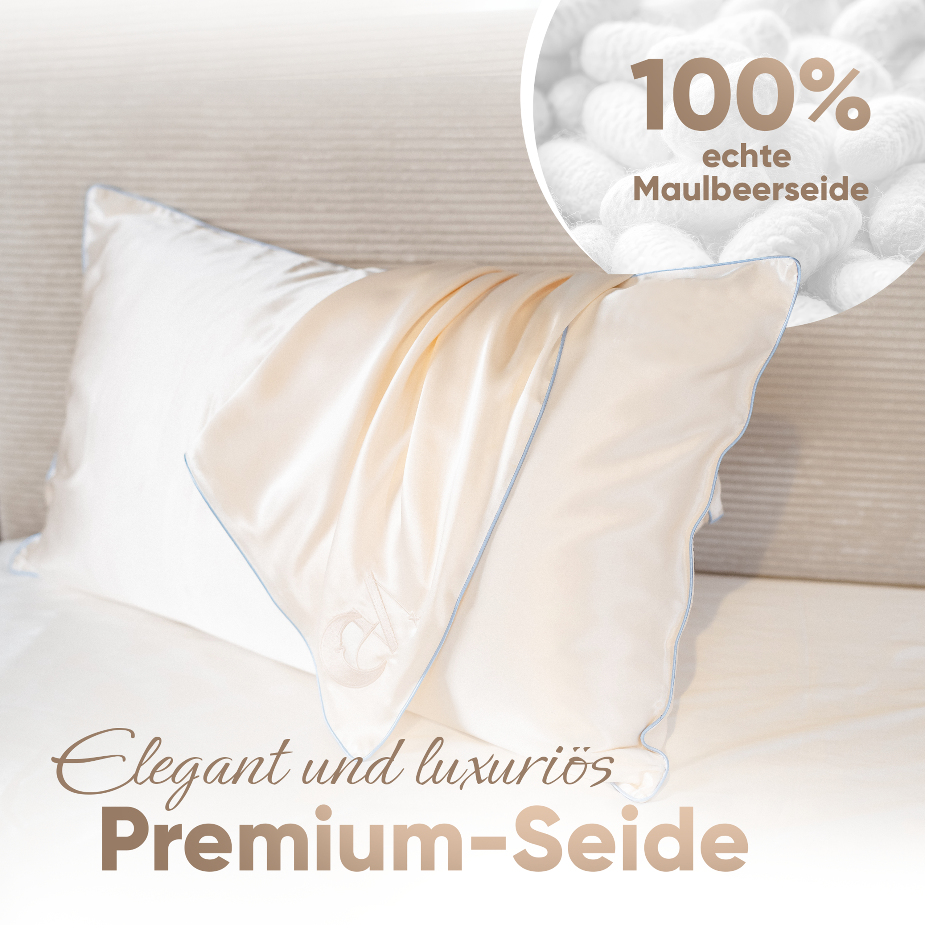Seidenkissenbezug 40x80 in Light Champagne aus 100 % Maulbeerseide, 22 Momme,  mit paspeliertem Rand in Himmelblau