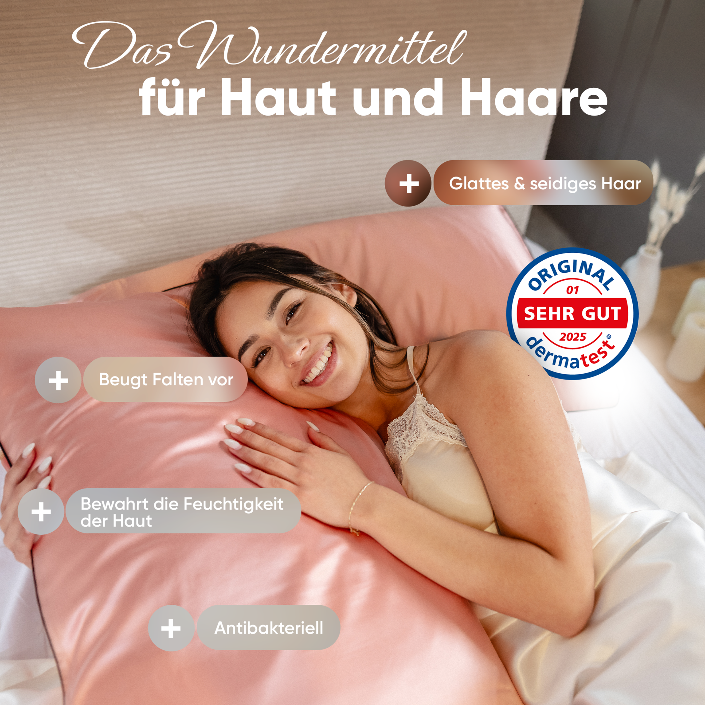 Seidenkissenbezug 40x80 in Altrosa aus 100 % Maulbeerseide, 22 Momme,  mit paspeliertem Rand in Schwarz