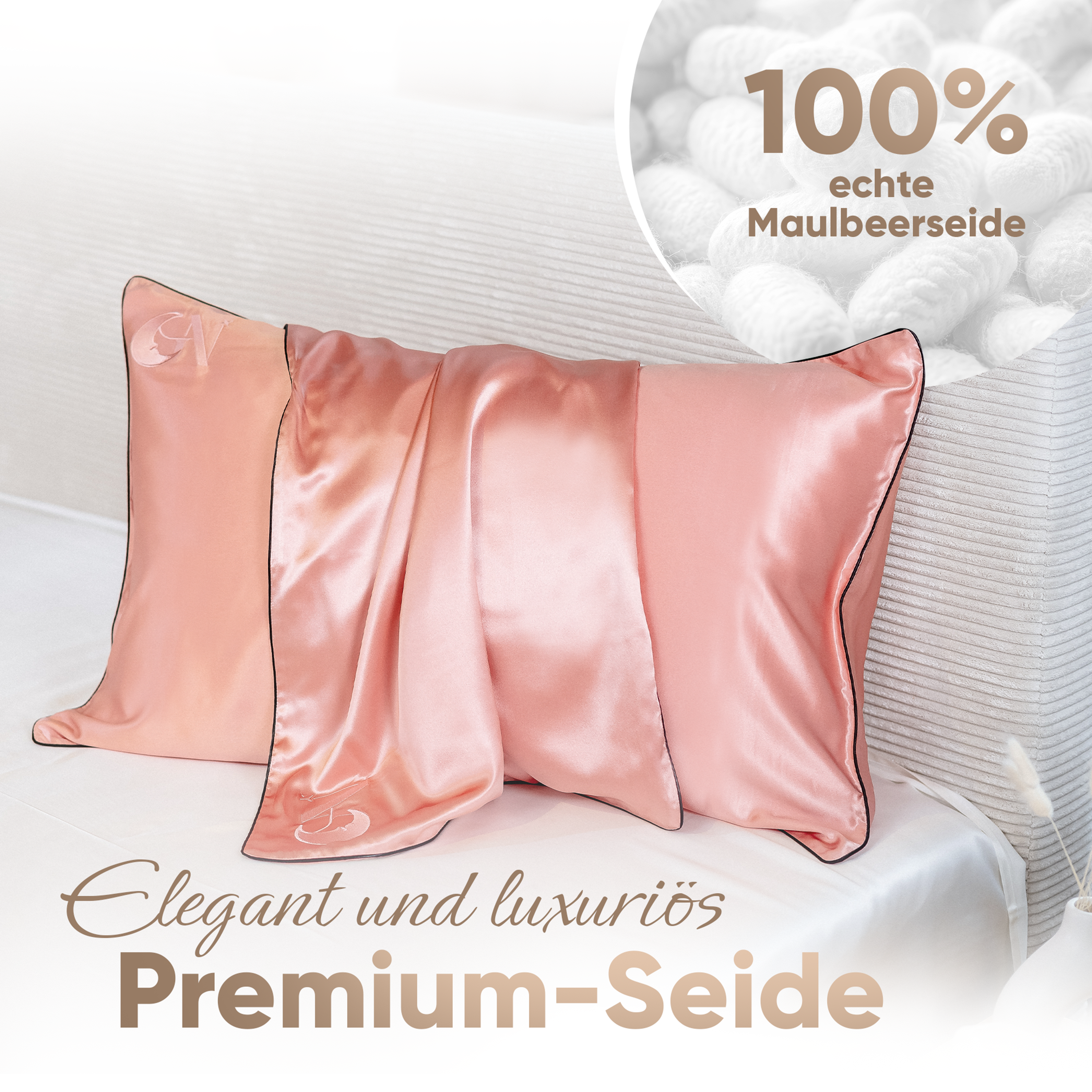 Seidenkissenbezug 40x80 in Altrosa aus 100 % Maulbeerseide, 22 Momme,  mit paspeliertem Rand in Schwarz