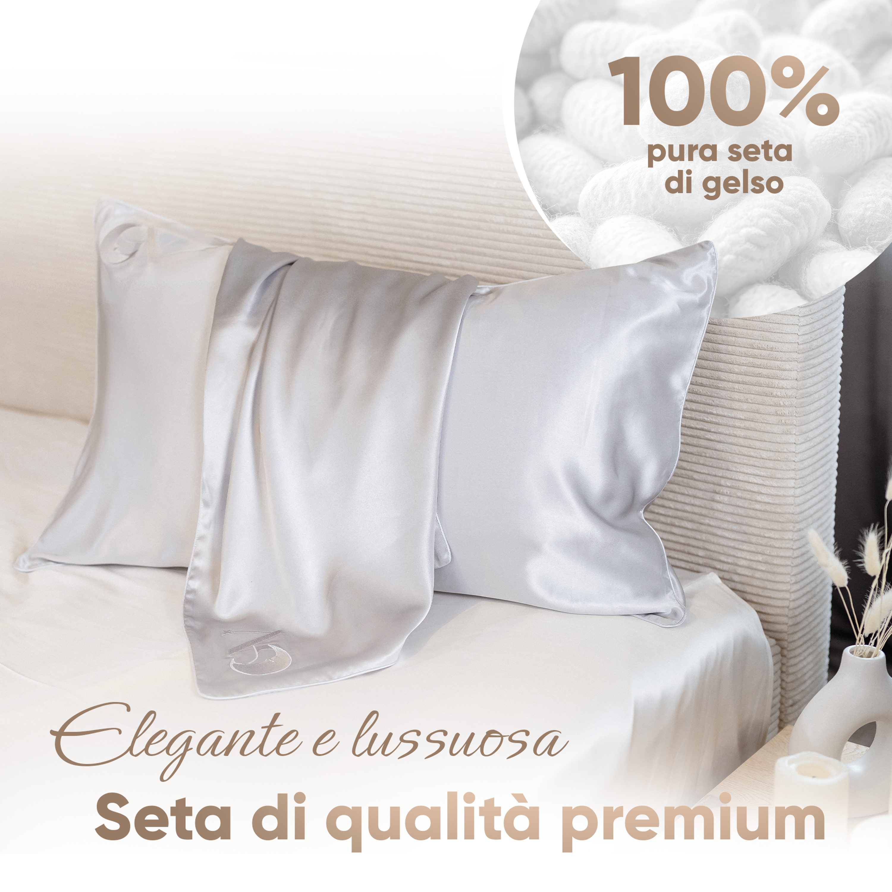 Federa di seta di gelso 22 Momme 50x80 cm color argento bordo cordonato argento