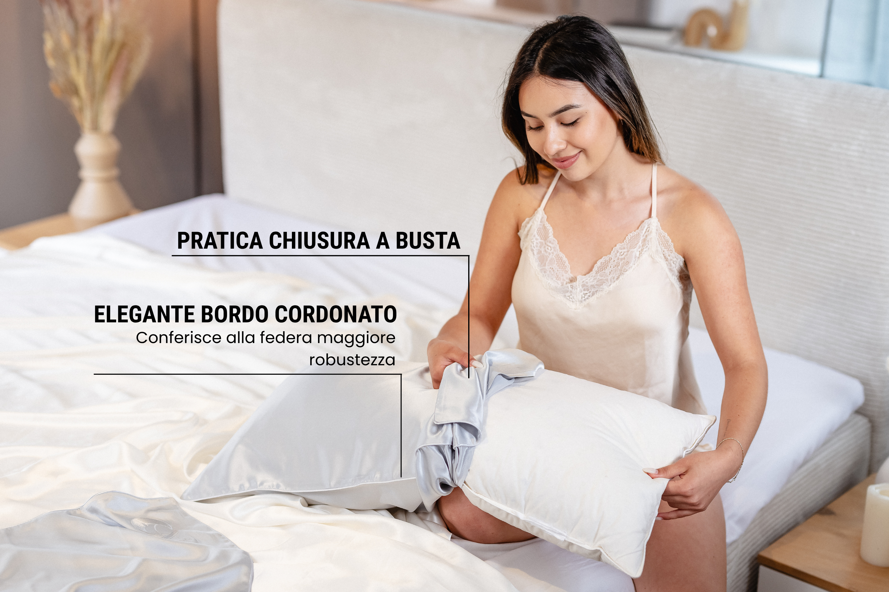 Federa di seta argento con bordino cordonato | 50 x 80 cm (1 pz.)