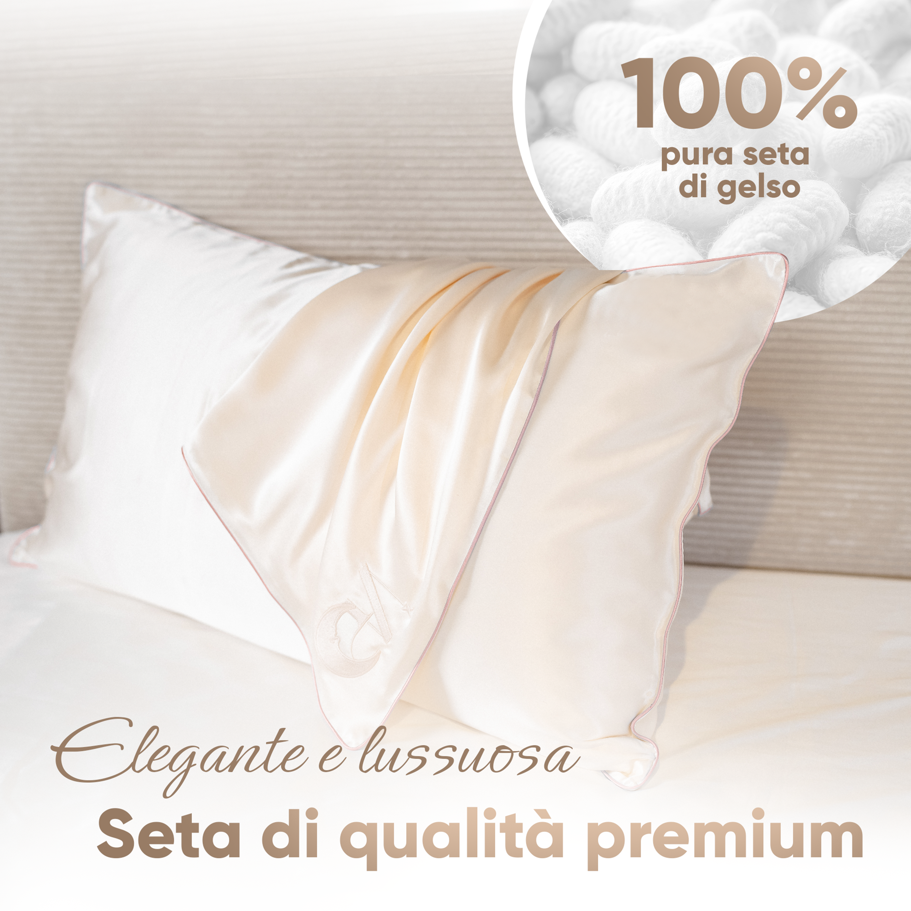 Federa in seta di gelso 22 Momme 50x80 cm color light champagne bordo cordonato