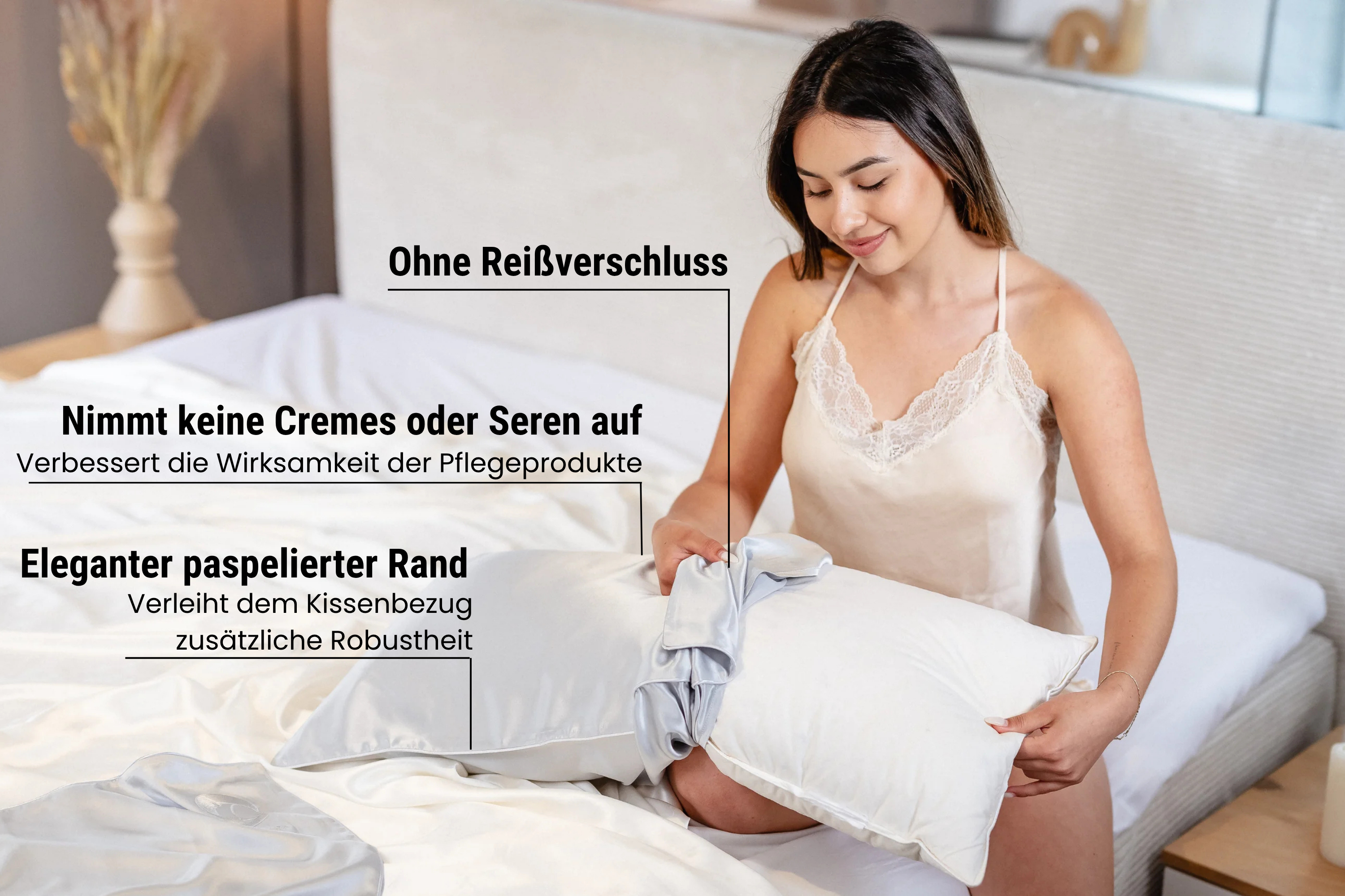 Seidenkissenbezug Silber mit paspeliertem Rand | 40 x 80 cm (1 Stk.)