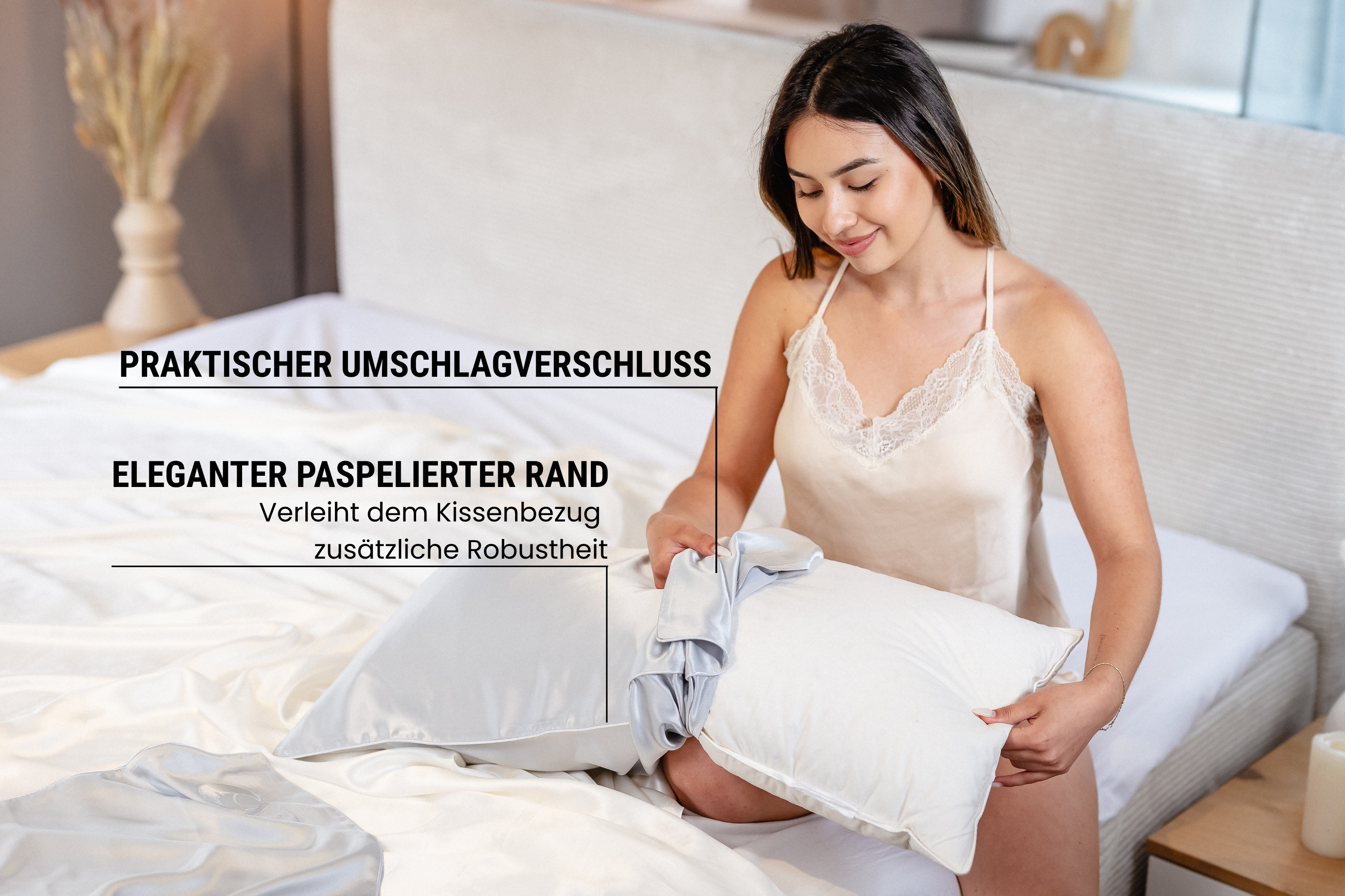 Seidenkissenbezug Silber mit paspeliertem Rand | 40 x 80 cm (1 Stk.)